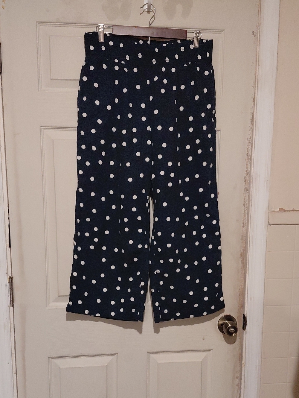 LOFT Outlet Womens M Navy Blue White Polka Dot Wide-Leg Pants Wide Elastic Waist